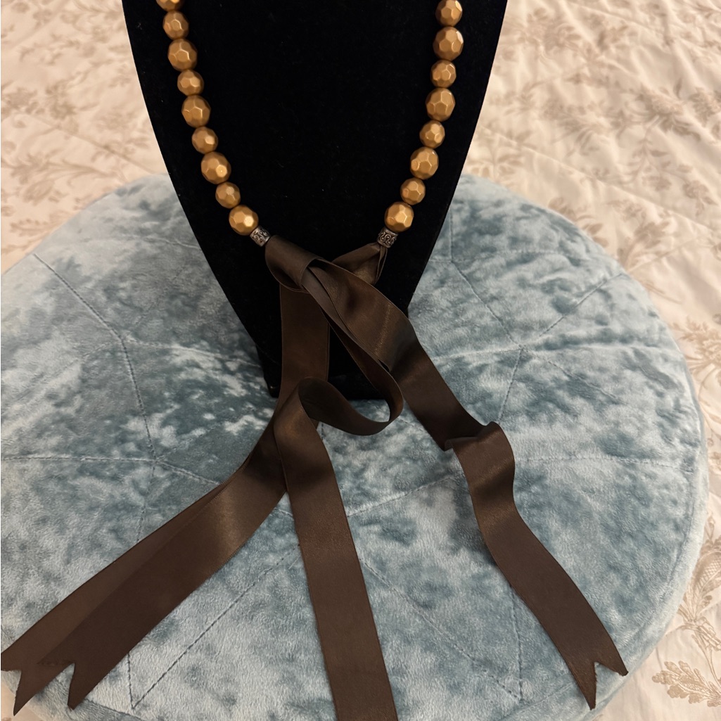 Chic Gold Beaded Necklace With Satin Ribbon 38$